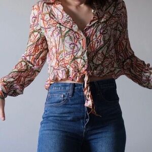 Zara printed vines front tie Crop Top peplum hem medium preloved button front